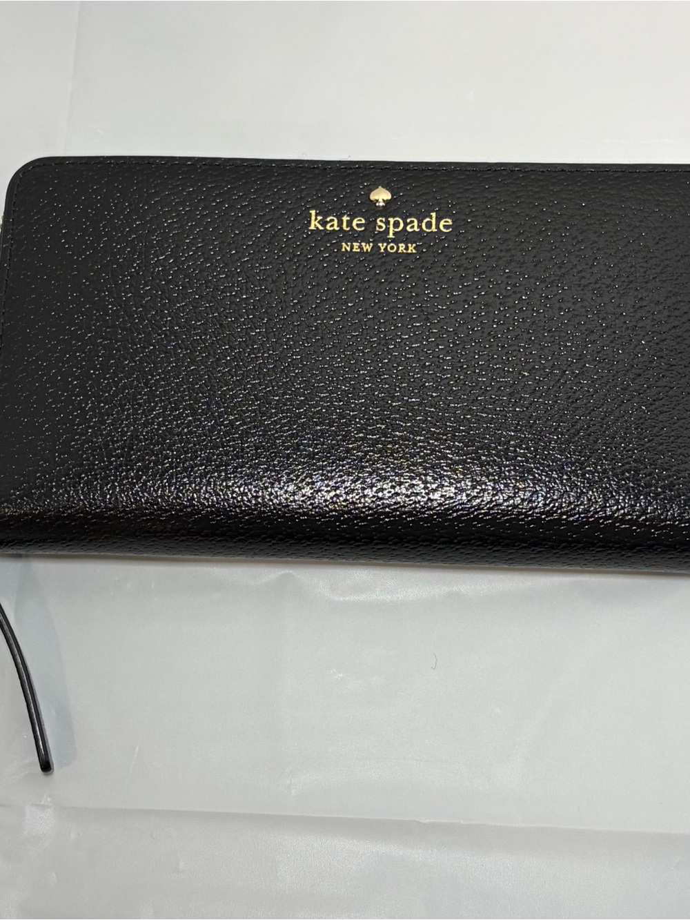 kate spade Black Pebbled Leather Long Zip Wallet with Gold Logo